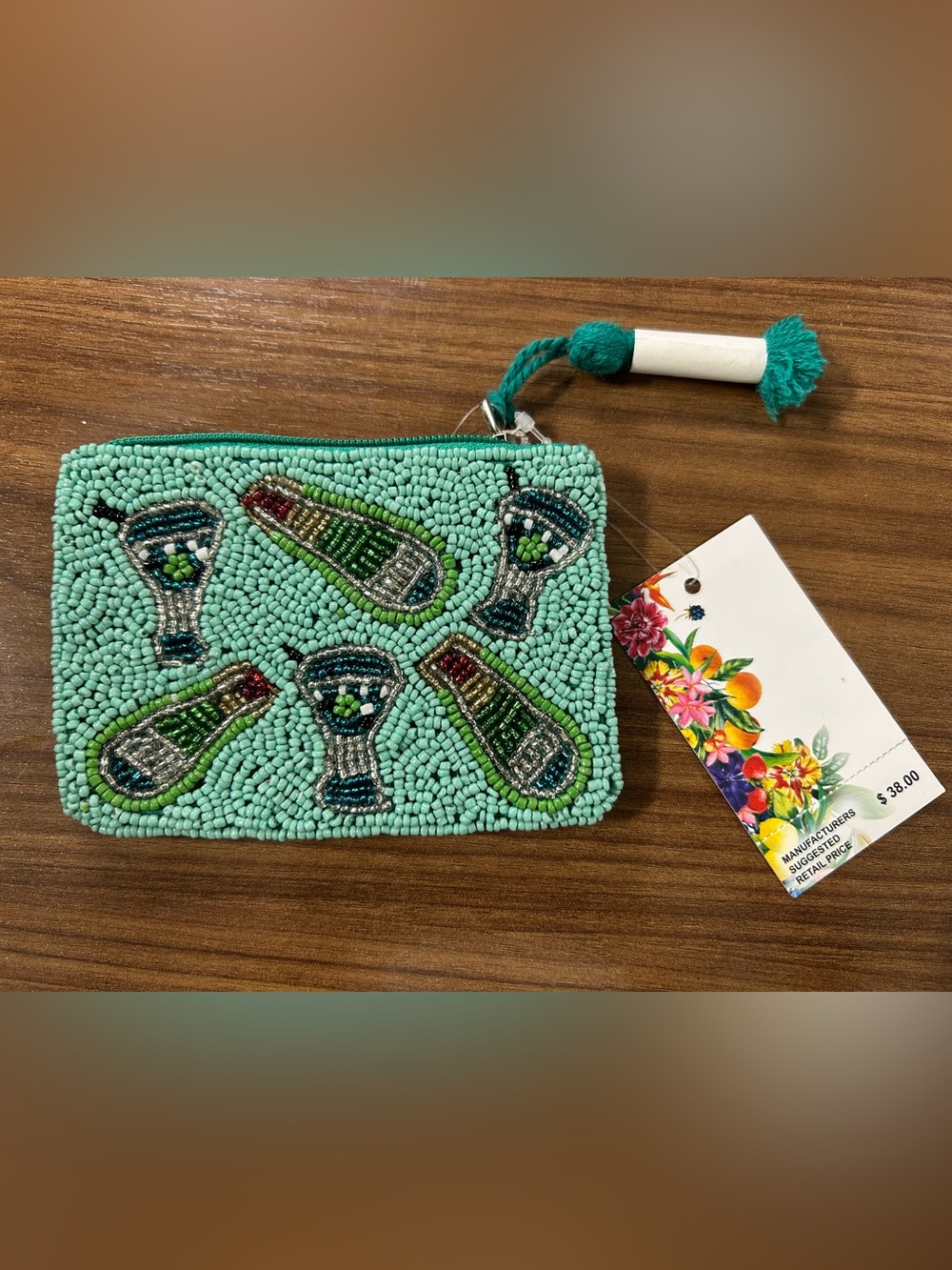 Hand-Beaded Teal America and Beyond NWTWristlet Clutch with Bottle & Glass Motif